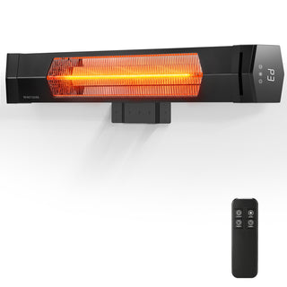 Black infrared wall heater with a glowing orange heating element, shown with a matching black remote control on a clean white background.