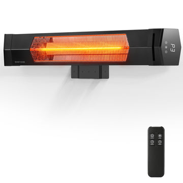 Black infrared wall heater with a glowing orange heating element, shown with a matching black remote control on a clean white background.