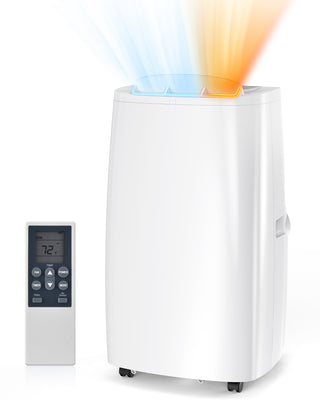 Portable air conditioner with remote control on a white background