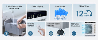 5.3 Gal DetachableWater Tank, Clear Display,  4 lce Packs, 12 hrs Timer, Remote Control,  Smooth Caster Wheels, 120° Wide Oscilation
