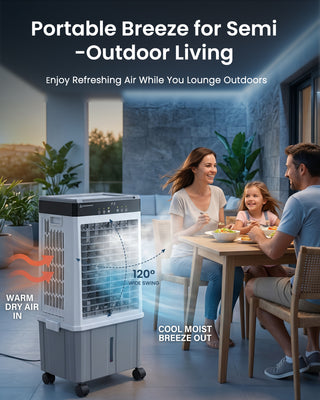 Portable air cooler with family enjoying outdoor meal, text 'Portable Breeze for Semi-Outdoor Living'.