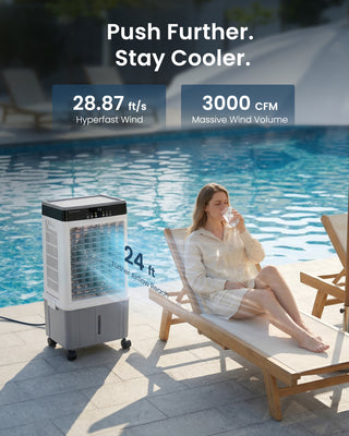 Person relaxing by a pool with a portable air cooler, text highlighting features.