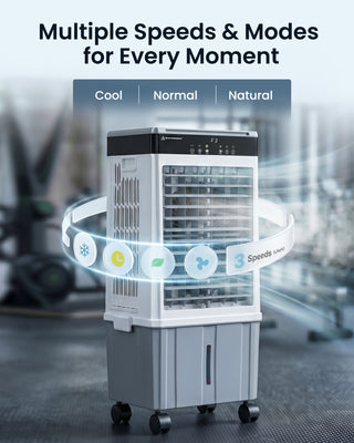 Portable air conditioner with speed and mode controls on a blurred indoor background