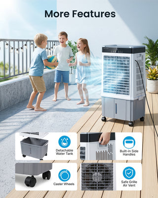 Portable air cooler on a patio with children playing in the background, featuring features like detachable water tank, built-in side handles, caster wheels, and safe grille air vent.