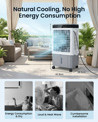 Portable air conditioner with dimensions displayed in an outdoor setting, emphasizing energy efficiency.