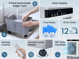 5.3 Gal DetachableWater Tank, Clear Display,  4 lce Packs, 12 hrs Timer, Remote Control,  Smooth Caster Wheels, 120° Wide Oscilation
