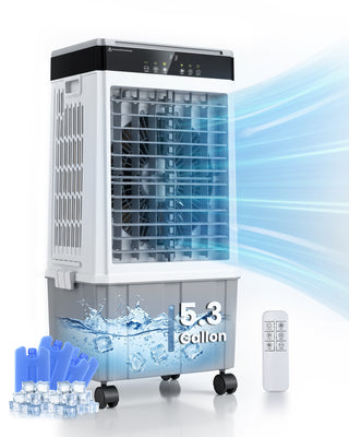 Portable air conditioner with water tank capacity display on a white background