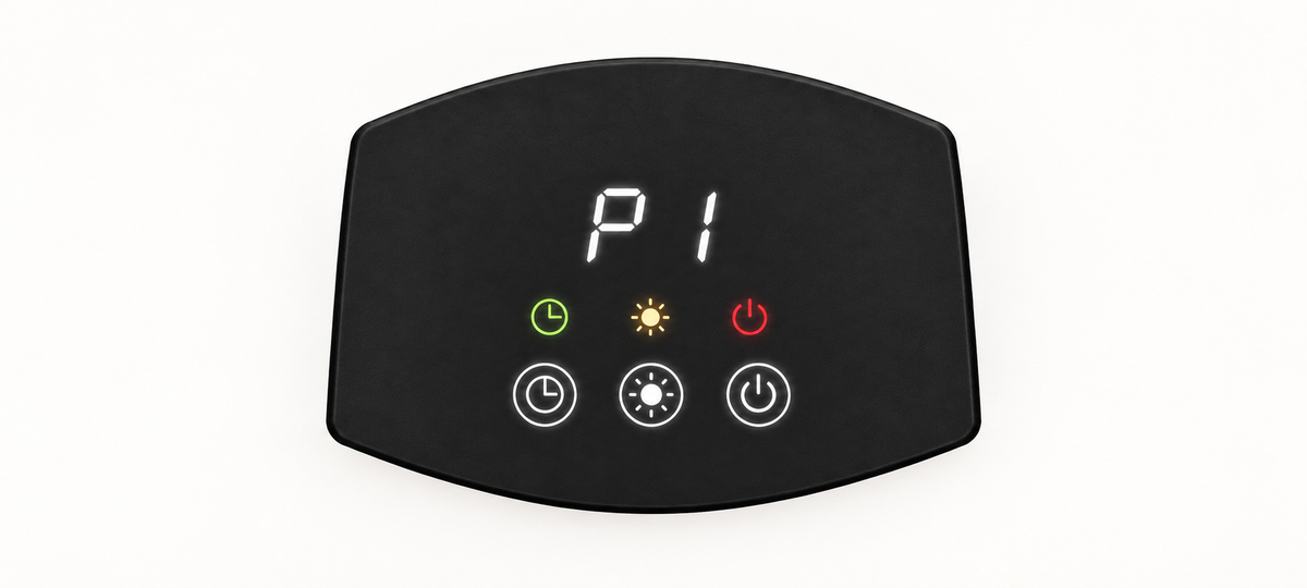 AirChoice JH-HW04-15R LED control panel showing P1, timer, heat and power symbols, desktop feature image