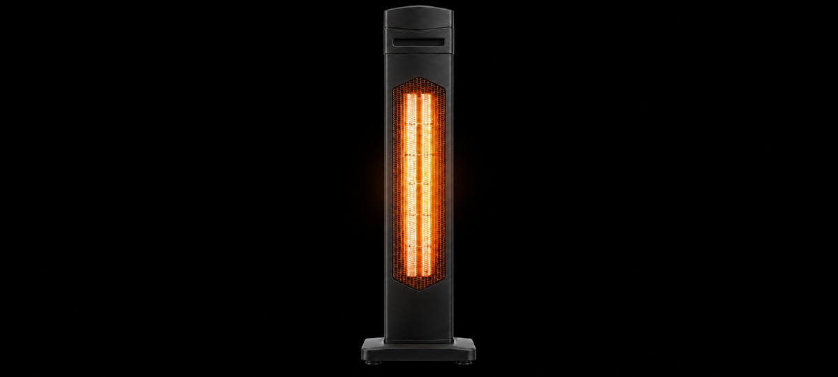 AirChoice JH-HW04-15R infrared tower heater glowing behind its front grille, desktop feature image
