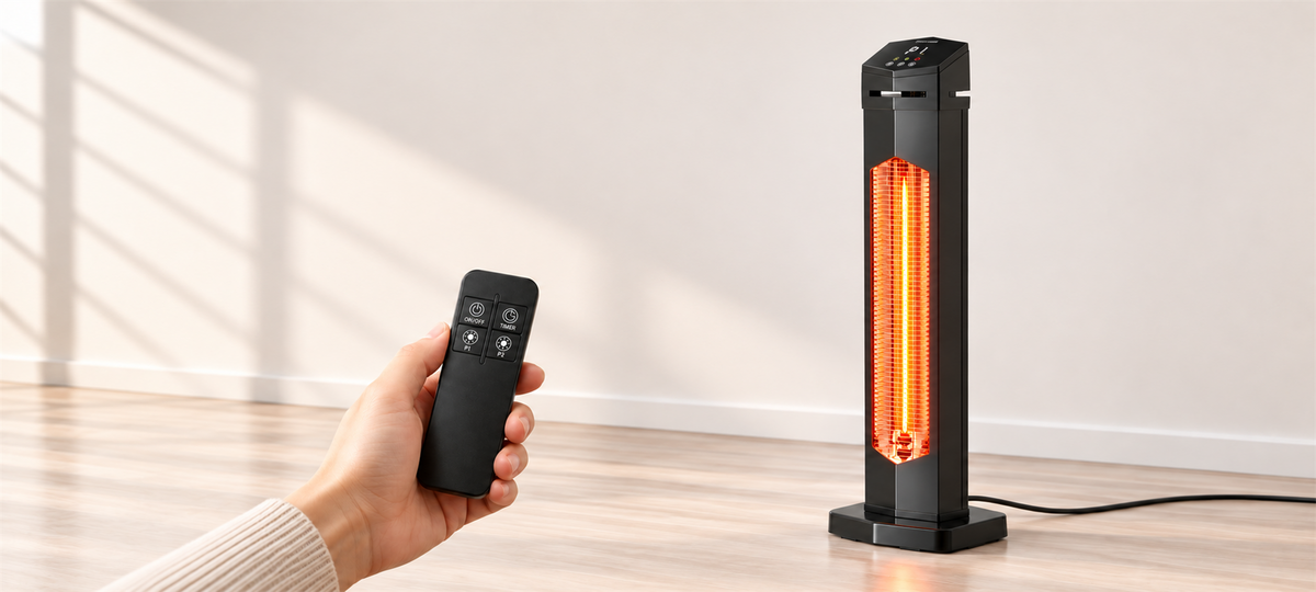 Hand using the JH-HW04-15R remote to control the infrared tower heater, matched desktop feature aspect ratio
